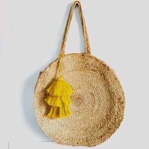 Boho Bee & Willow Ardsle Hand Braided Jute Shopping Tote Bag Yellow Tassel‎ 15"